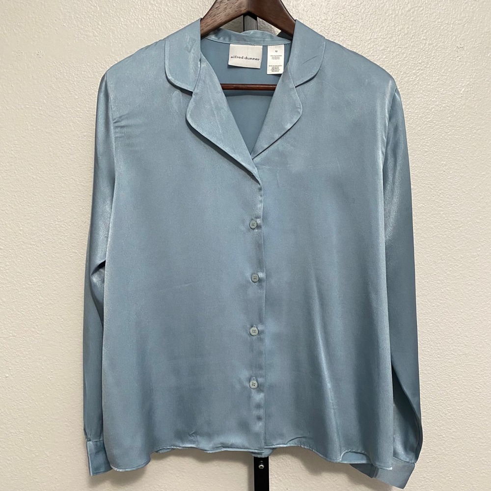 Women's Blue Satin Button Up Shirt 12 Office Siren Capsule Minimalist Transition
